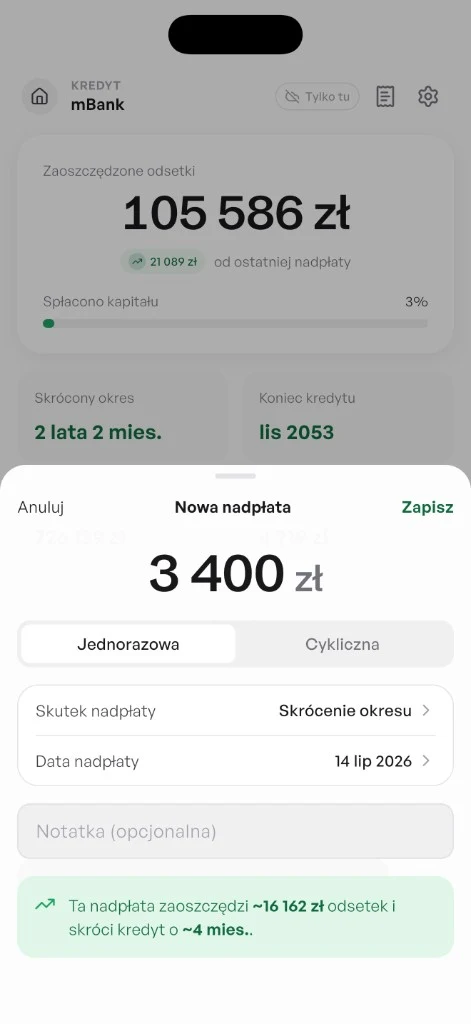 Mój Kredyt: formularz dodawania nadpłaty kredytu hipotecznego