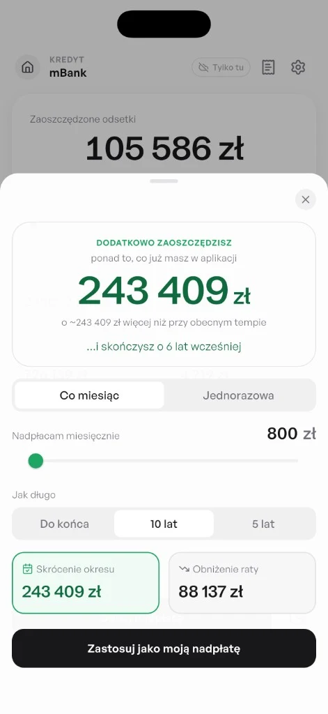 Mój Kredyt: symulacja nadpłaty — rata, okres lub dodatkowa kwota