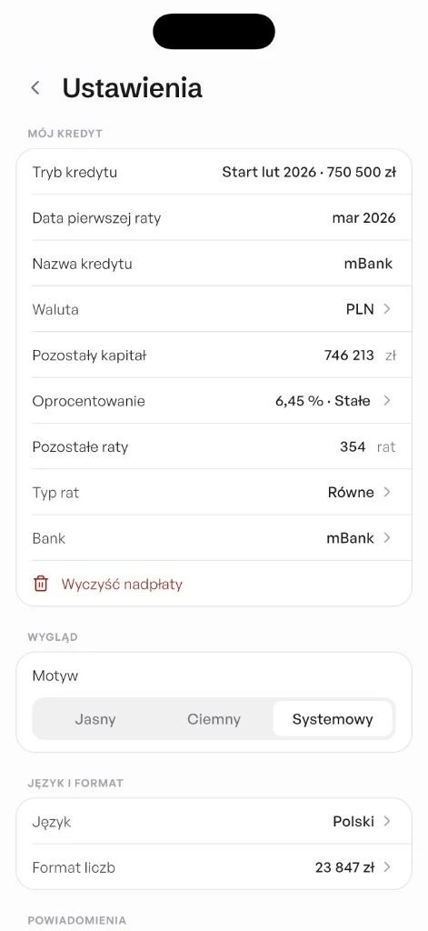 Mój Kredyt: ustawienia prywatności, motyw i język — dane lokalnie na telefonie